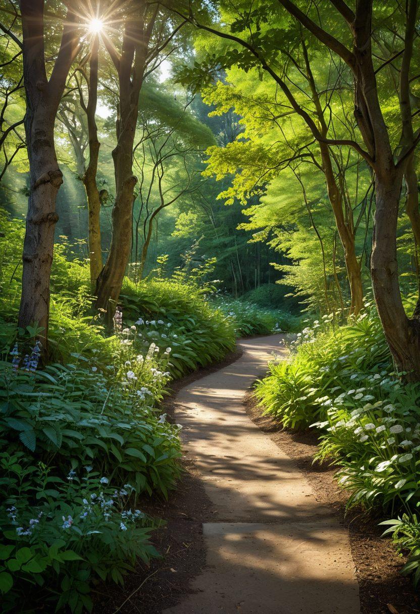 A serene landscape featuring a winding path through a lush forest, symbolizing the journey from grief to growth. Soft sunlight filters through the trees, illuminating flowers along the way representing hope and healing. A figure walking the path, deep in thought, embodies introspection and resilience. Include subtle elements like butterflies and gentle streams to enhance the sense of mental wellness. super-realistic. vibrant colors.