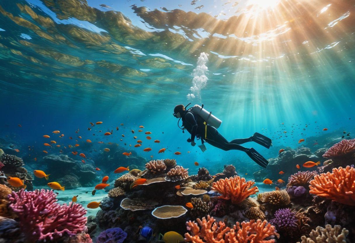 A serene underwater scene depicting a diver exploring vibrant coral reefs, surrounded by colorful fish symbolizing emotional wellness. Soft rays of sunlight break through the water's surface, creating a tranquil atmosphere. The diver, representing mindfulness, meditates amidst the beauty of the ocean. This imagery embodies a journey of self-discovery and peace. vibrant colors. super-realistic. 3D.