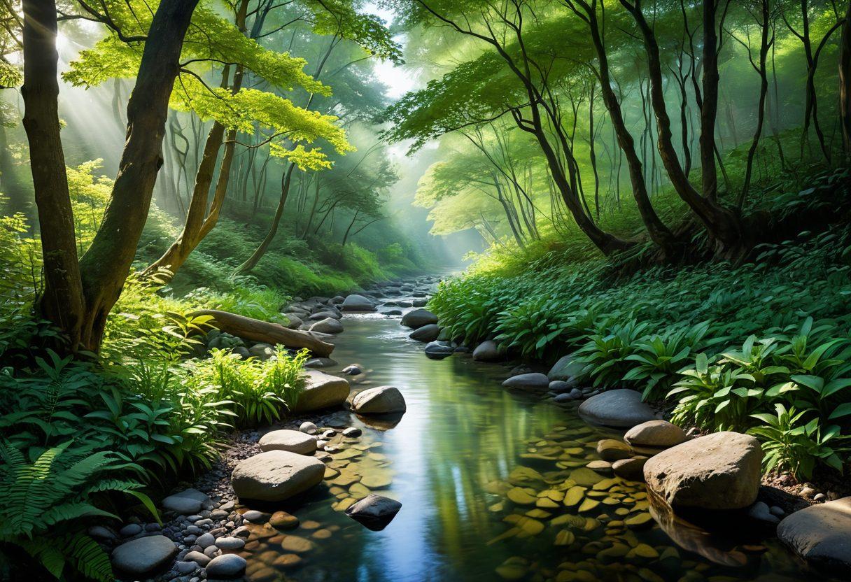 A serene landscape featuring a peaceful path winding through a lush forest, with soft sunlight filtering through the trees. Include tranquil elements like a gentle stream and a meditative figure practicing mindfulness by the water. Add symbols of emotional resilience, like blooming flowers and stones balanced on top of each other. Ethereal mist adds a dreamy atmosphere. super-realistic. vibrant colors. tranquil ambiance.